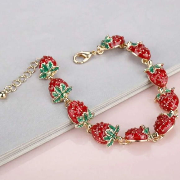 Red and gold strawberry charm bracelet spring summer casual cheerful fruit cute - Picture 4 of 5